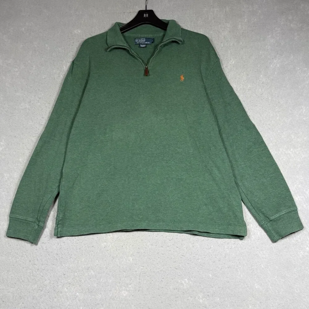 Polo Ralph Lauren Sweater Mens Size Large Green Orange Pony 1/4 Zip Mock Neck